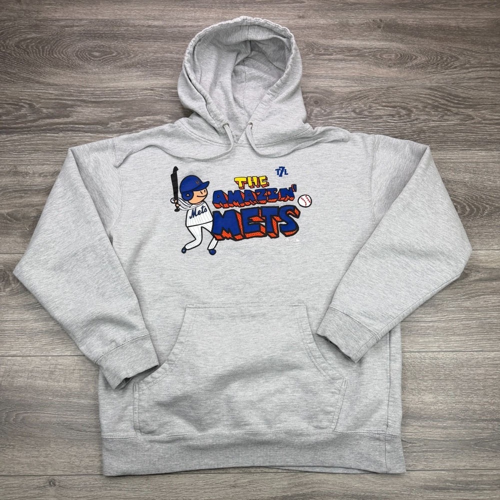 New York Mets Hoodie Mens Medium Gray Baseball Doodle Graphic Sweatshirt 7 Line